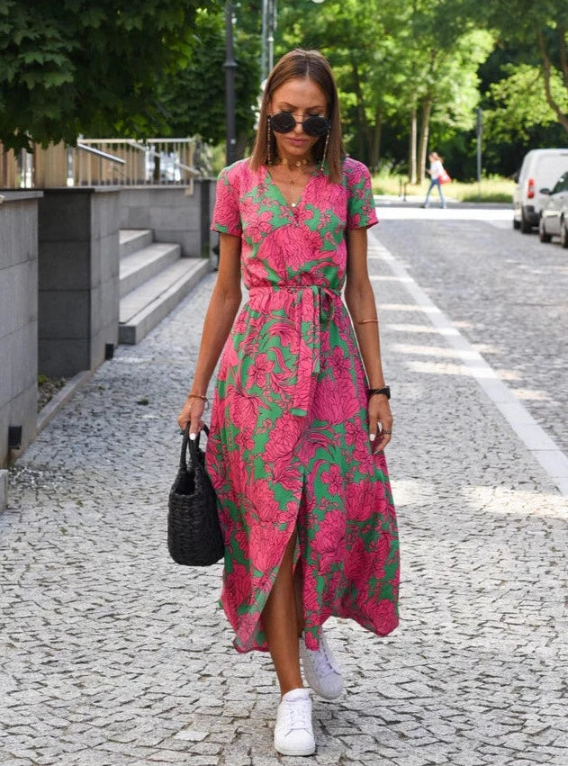 MALOU - Floral Print Short Sleeve Wrap Maxi Dress with Tie Waist