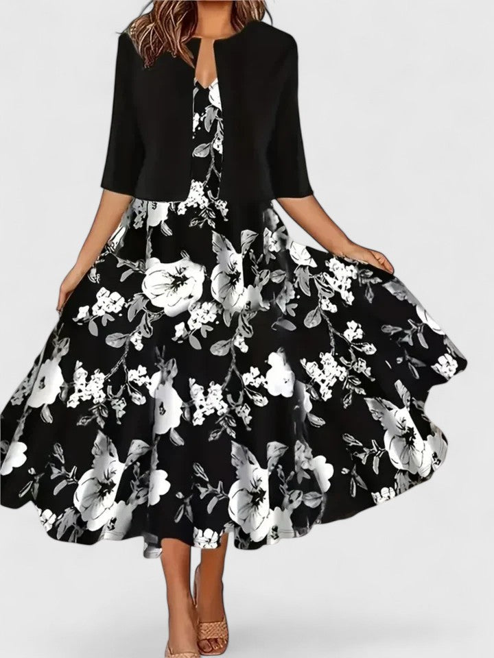 Margaret | Women’s Floral Three Quarter Sleeve A Line Midi Dress