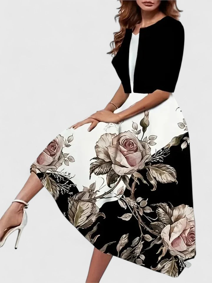 Margaret | Women’s Floral Three Quarter Sleeve A Line Midi Dress