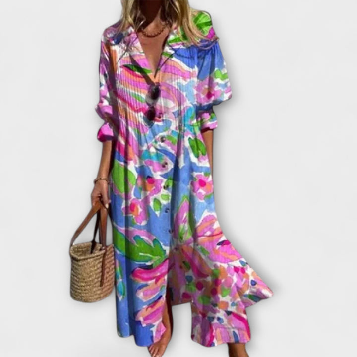 Abstract Floral Print Tiered Maxi Dress
