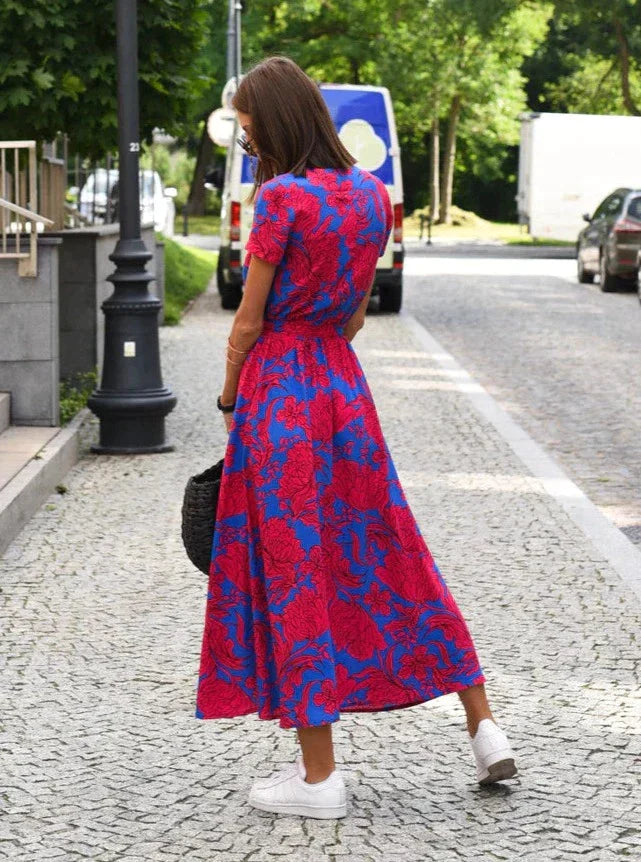 MALOU - Floral Print Short Sleeve Wrap Maxi Dress with Tie Waist