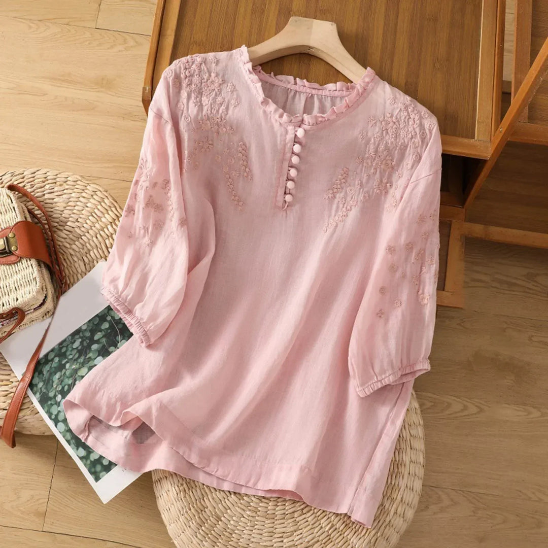 Theresa - Floral Embroidered Drop Shoulder Linen Blend Blouse
