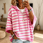 Poncho sweater with hood for women with drawstring and stripe pattern