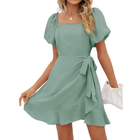 Donna - Square Neck Puff Sleeve Belted A-Line Mini Dress