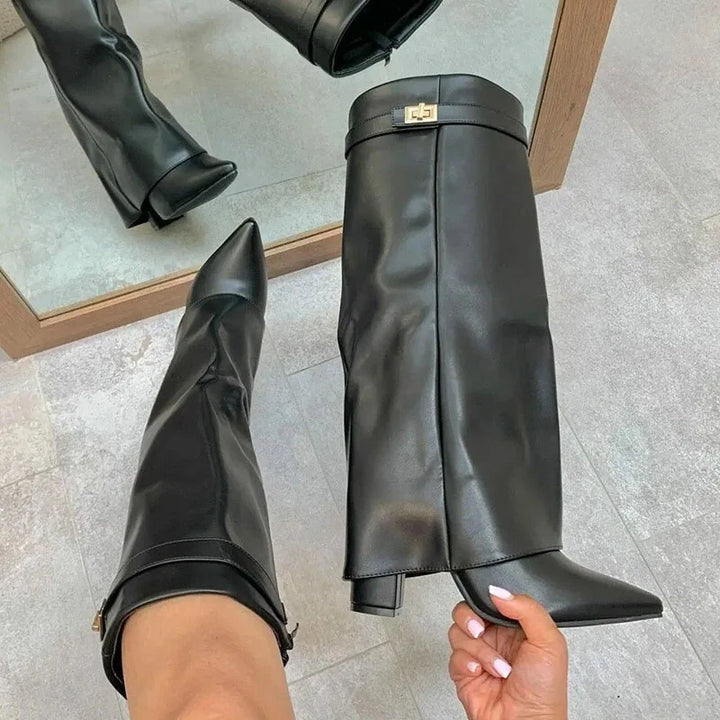 Arden | Statement Over-The-Knee Leather Boots With Sculpted Buckle Detail For Women