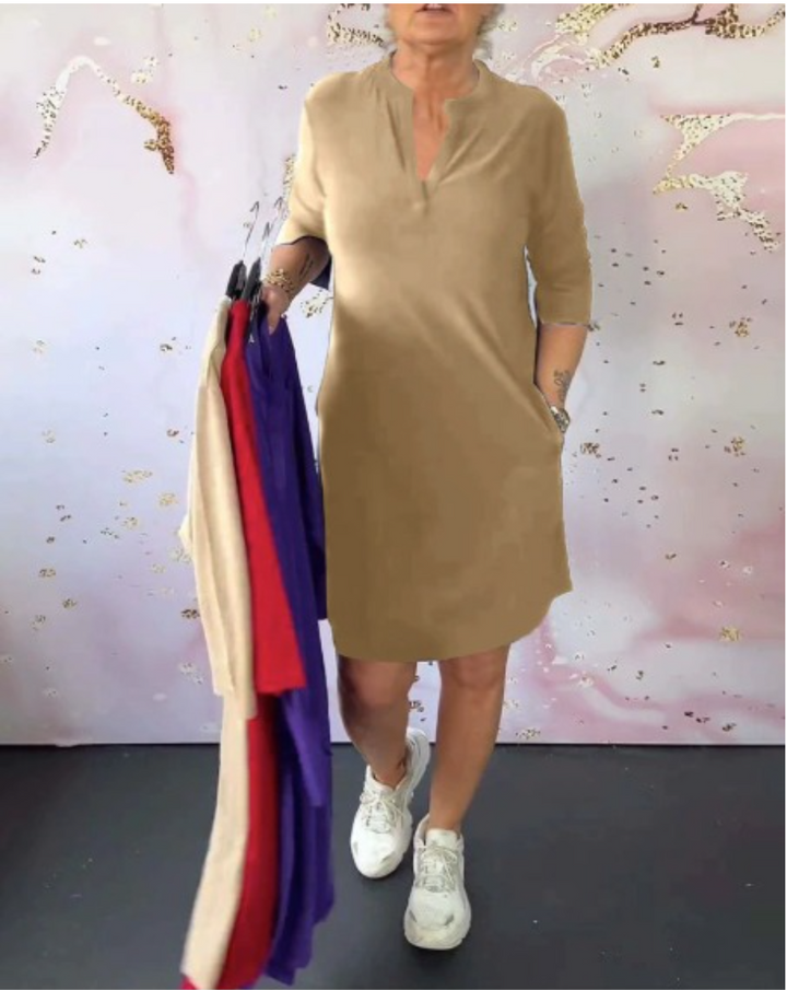 HANNEKE - Solid Dress With V Neck
