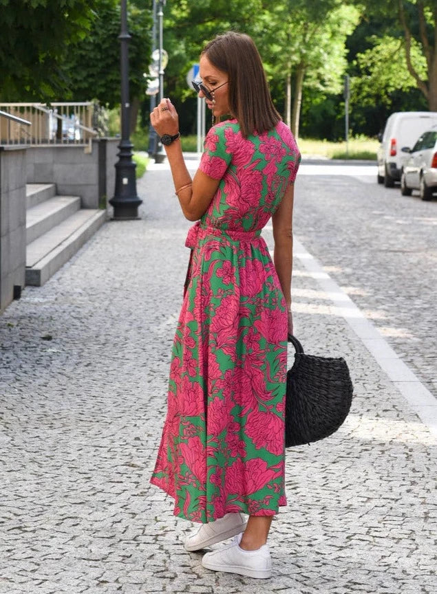 MALOU - Floral Print Short Sleeve Wrap Maxi Dress with Tie Waist
