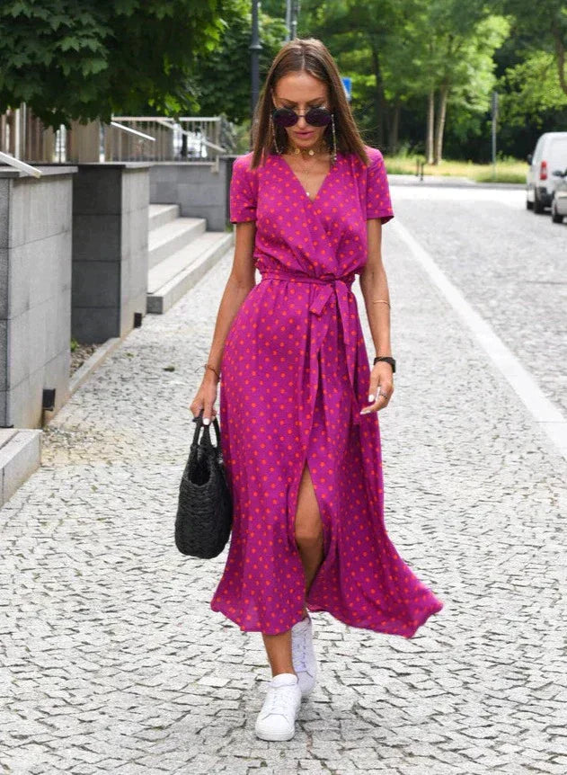 MALOU - Floral Print Short Sleeve Wrap Maxi Dress with Tie Waist