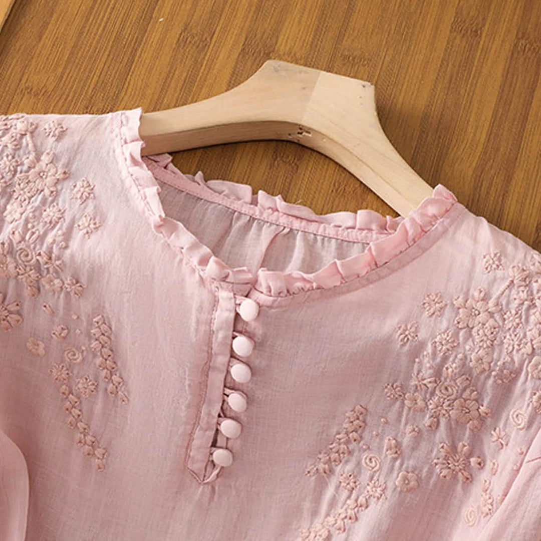 Theresa - Floral Embroidered Drop Shoulder Linen Blend Blouse