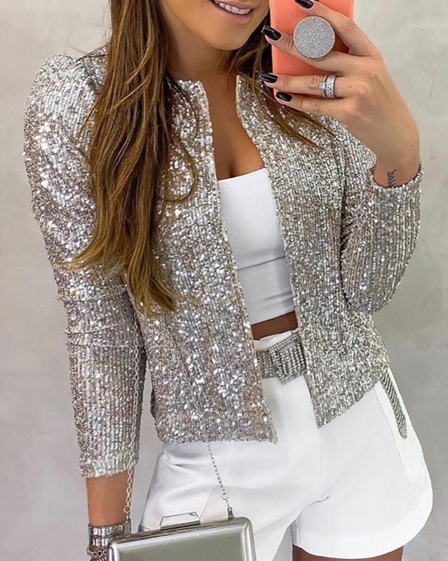 Sequin Jacket with Collarless Design and Open Front