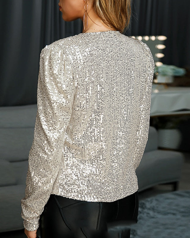 Sequin Jacket with Collarless Design and Open Front