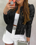 Sequin Jacket with Collarless Design and Open Front