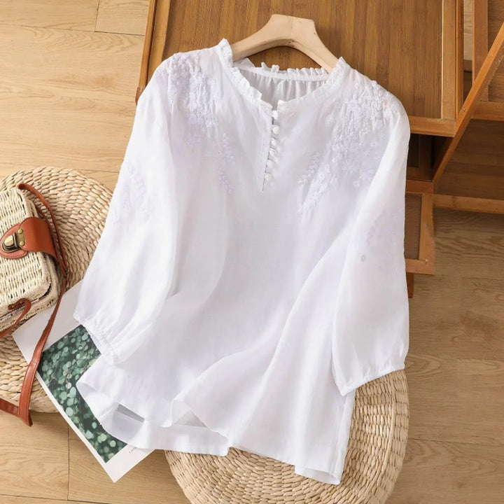 Theresa - Floral Embroidered Drop Shoulder Linen Blend Blouse