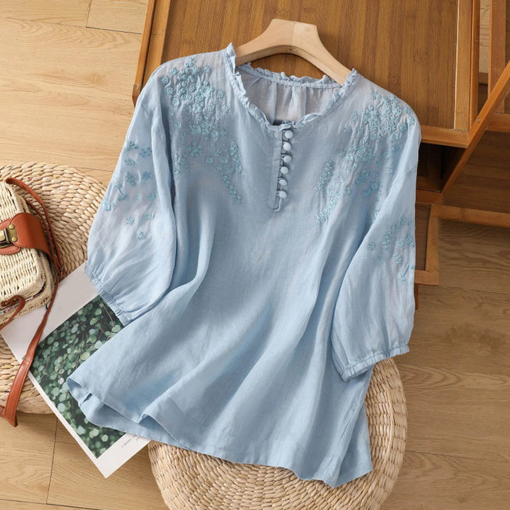 Theresa - Floral Embroidered Drop Shoulder Linen Blend Blouse