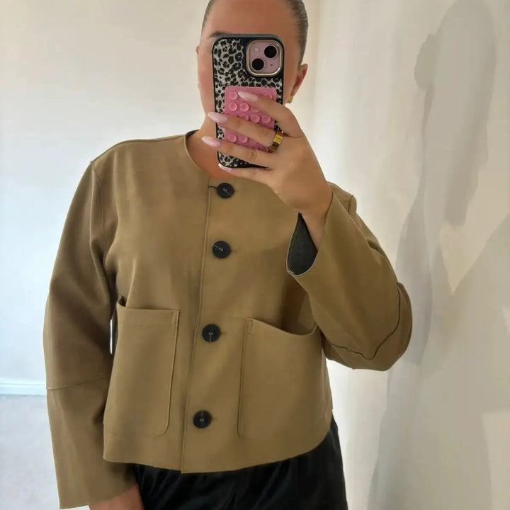 Spring Cropped Button Front Jacket with Patch Pockets