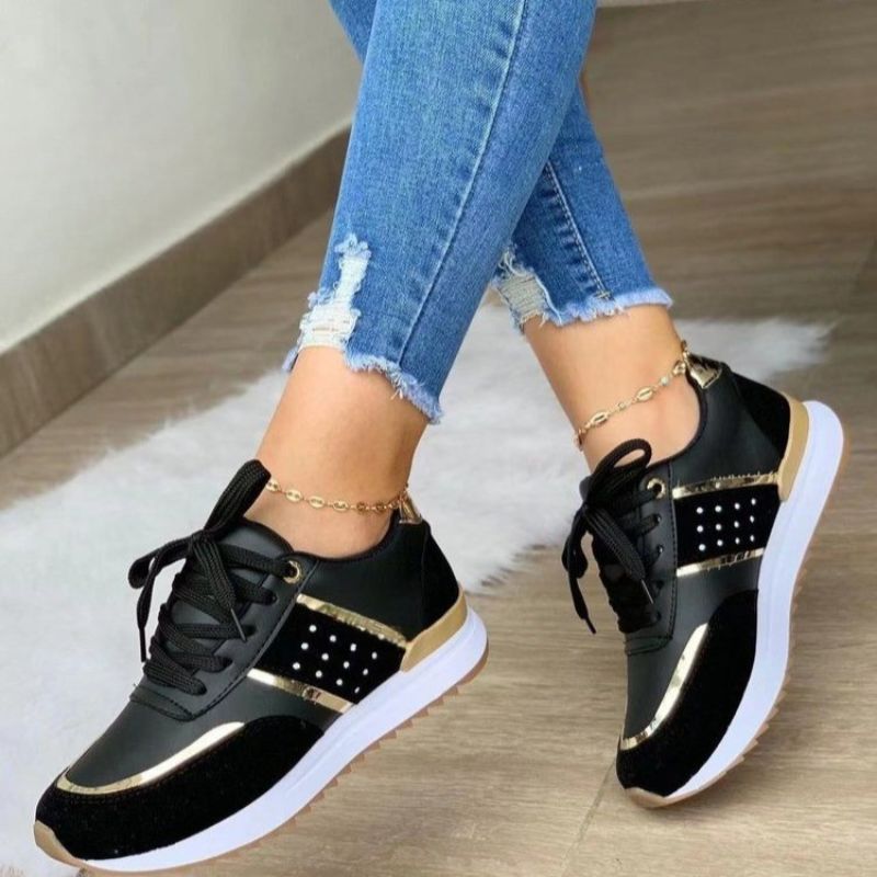 Shoes Women - Leather Patchwork Flats with Round Toe