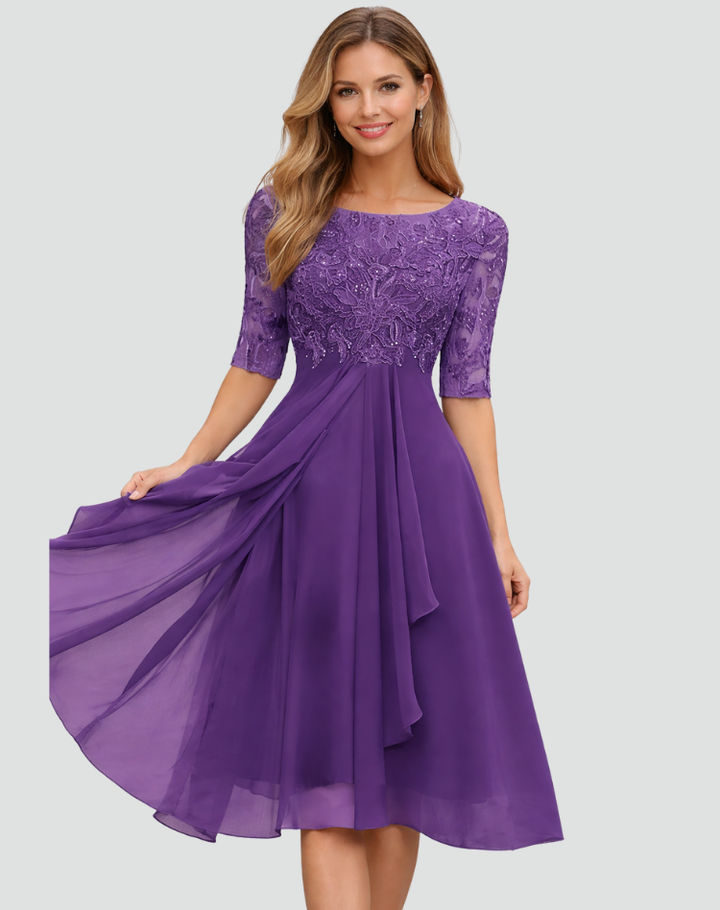 Midi Party Dress for Women in Lace with 3/4 Sleeves and Tulle Skirt, Elegant for Weddings and Galas - Adriana Torrisi