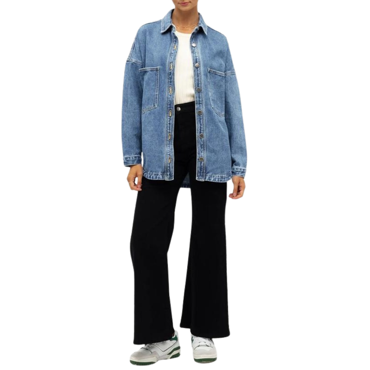 Casual Denim Shirt with Front Button Placket and Two Pockets for Women