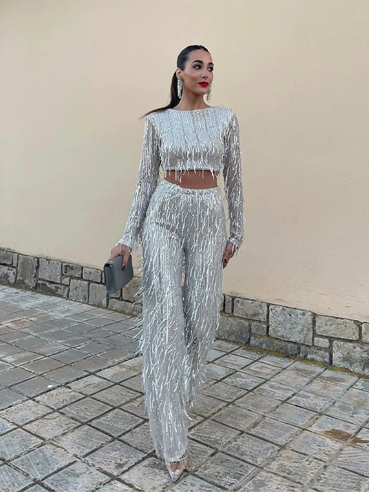 Ladies Sequined Party Pants Set – Cropped Top &amp; High-Waisted Pants Set