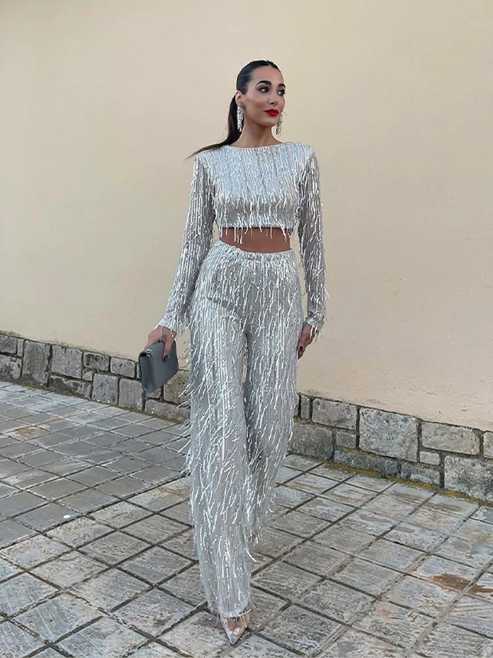 Ladies Sequined Party Pants Set – Cropped Top &amp; High-Waisted Pants Set
