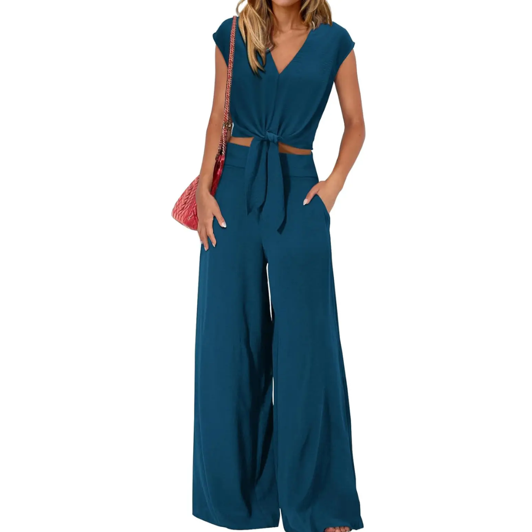 Michelle - V-Neck Tie-Front Crop Top and Wide-Leg Pants Set
