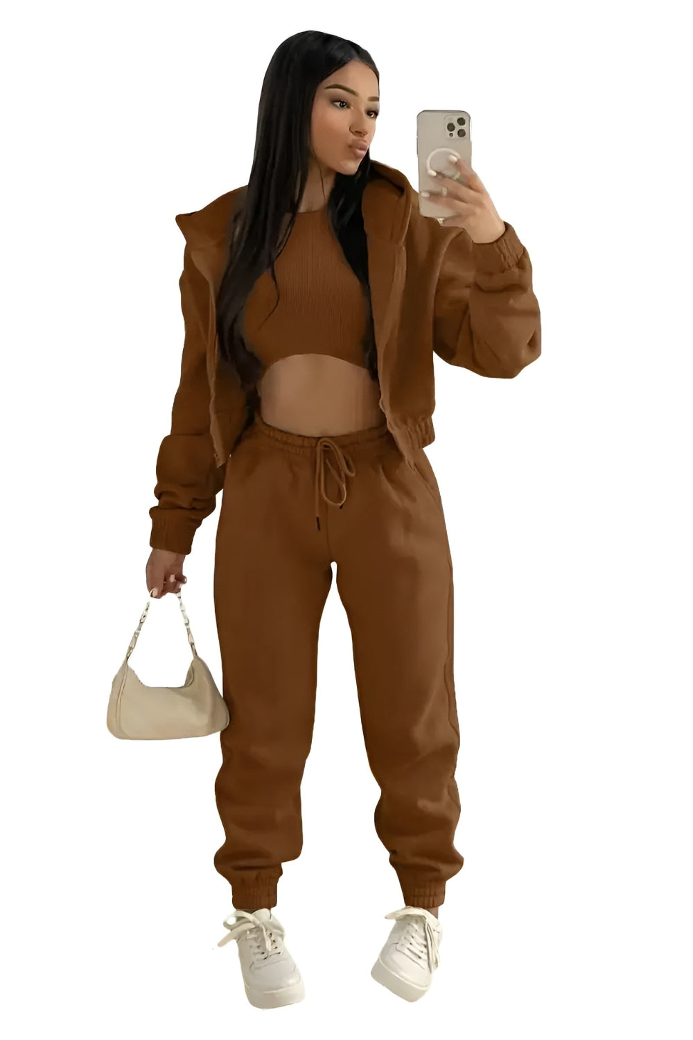 Three Piece Lounge Set with Cropped Hoodie and Joggers
