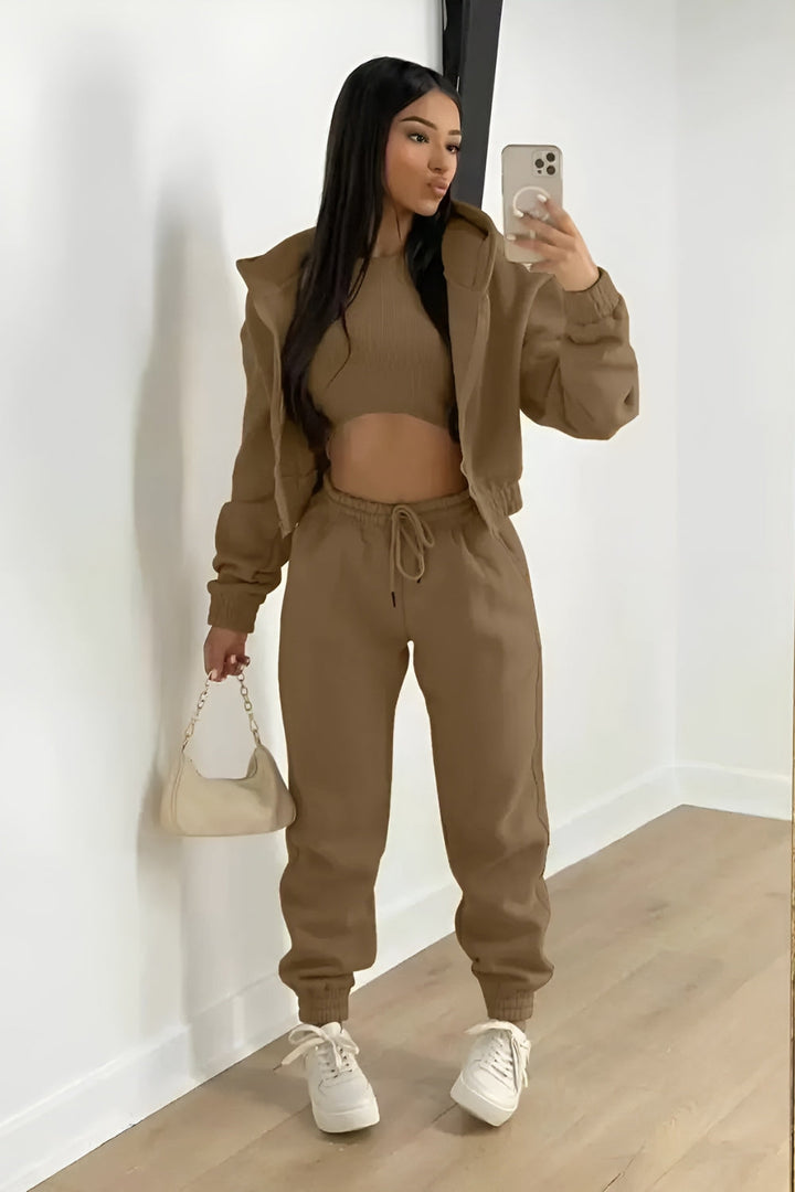 Three Piece Lounge Set with Cropped Hoodie and Joggers
