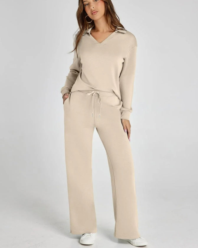 Two-Piece Loungewear Set with V-Neck Top and Wide-Leg Trousers