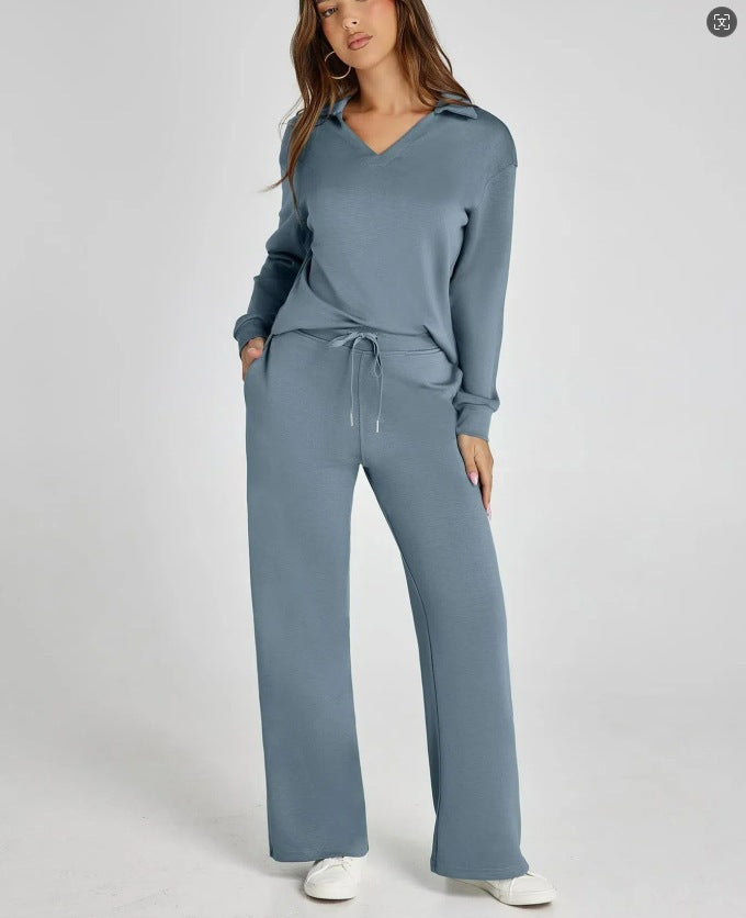 Two-Piece Loungewear Set with V-Neck Top and Wide-Leg Trousers