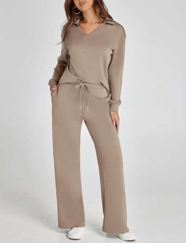 Two-Piece Loungewear Set with V-Neck Top and Wide-Leg Trousers