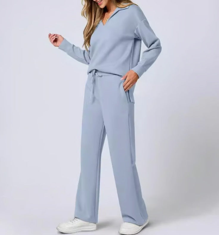 Two-Piece Loungewear Set with V-Neck Top and Wide-Leg Trousers