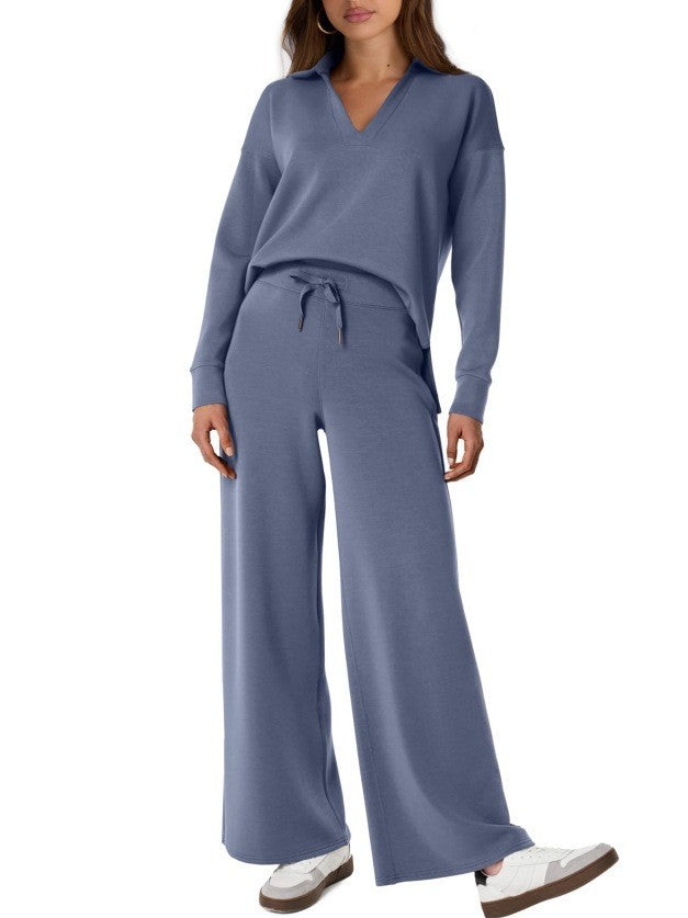 Two-Piece Loungewear Set with V-Neck Top and Wide-Leg Trousers