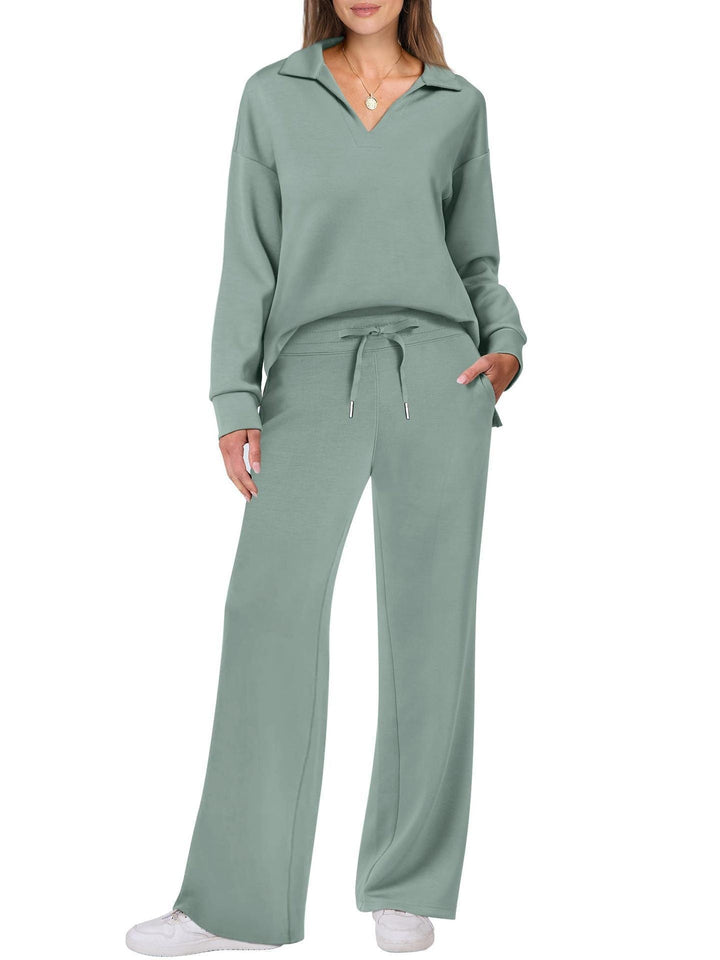 Two-Piece Loungewear Set with V-Neck Top and Wide-Leg Trousers