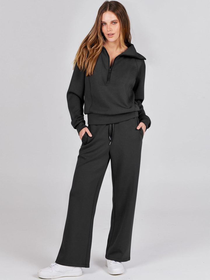 Two-Piece Loungewear Set with V-Neck Top and Wide-Leg Trousers