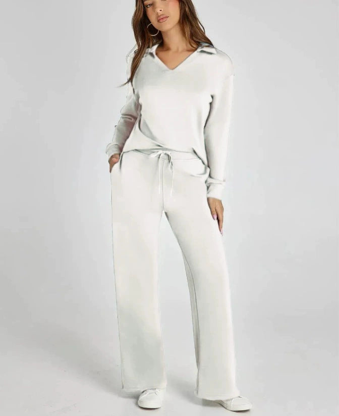 Two-Piece Loungewear Set with V-Neck Top and Wide-Leg Trousers