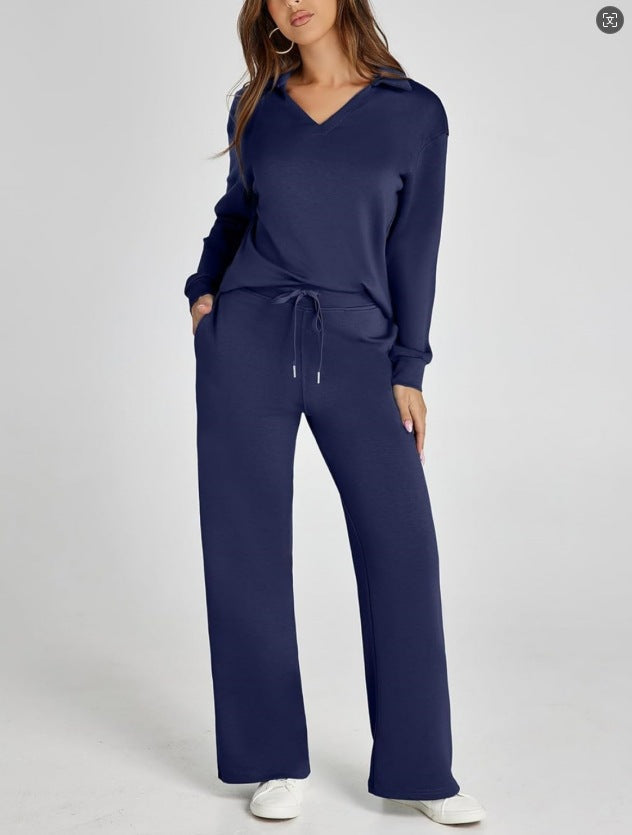 Two-Piece Loungewear Set with V-Neck Top and Wide-Leg Trousers