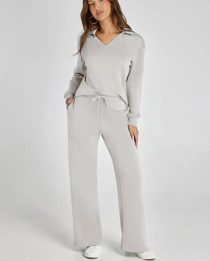 Two-Piece Loungewear Set with V-Neck Top and Wide-Leg Trousers