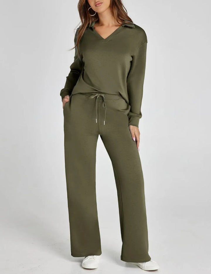 Two-Piece Loungewear Set with V-Neck Top and Wide-Leg Trousers