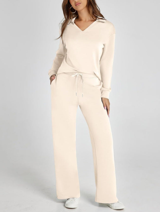 Two-Piece Loungewear Set with V-Neck Top and Wide-Leg Trousers