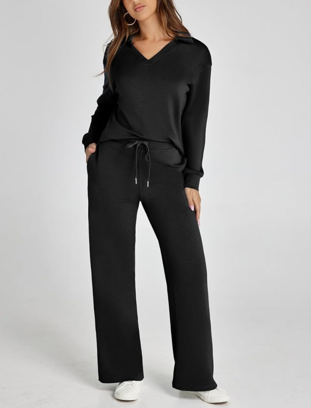 Two-Piece Loungewear Set with V-Neck Top and Wide-Leg Trousers