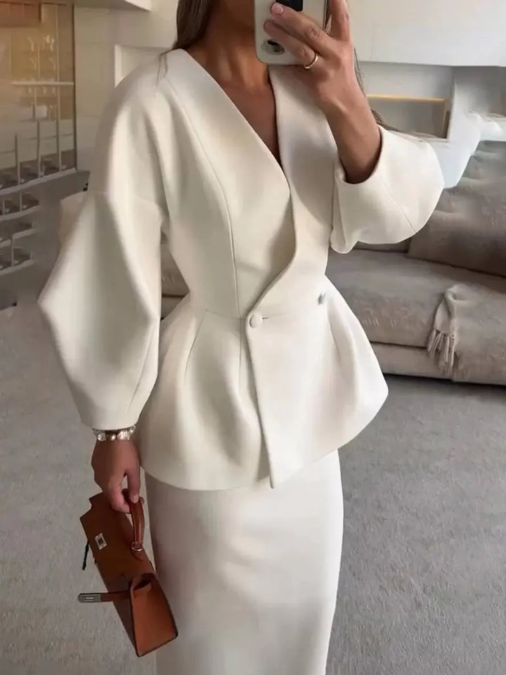 Two-Piece Skirt Suit with Puff Sleeve Blazer and V-Neck Detail