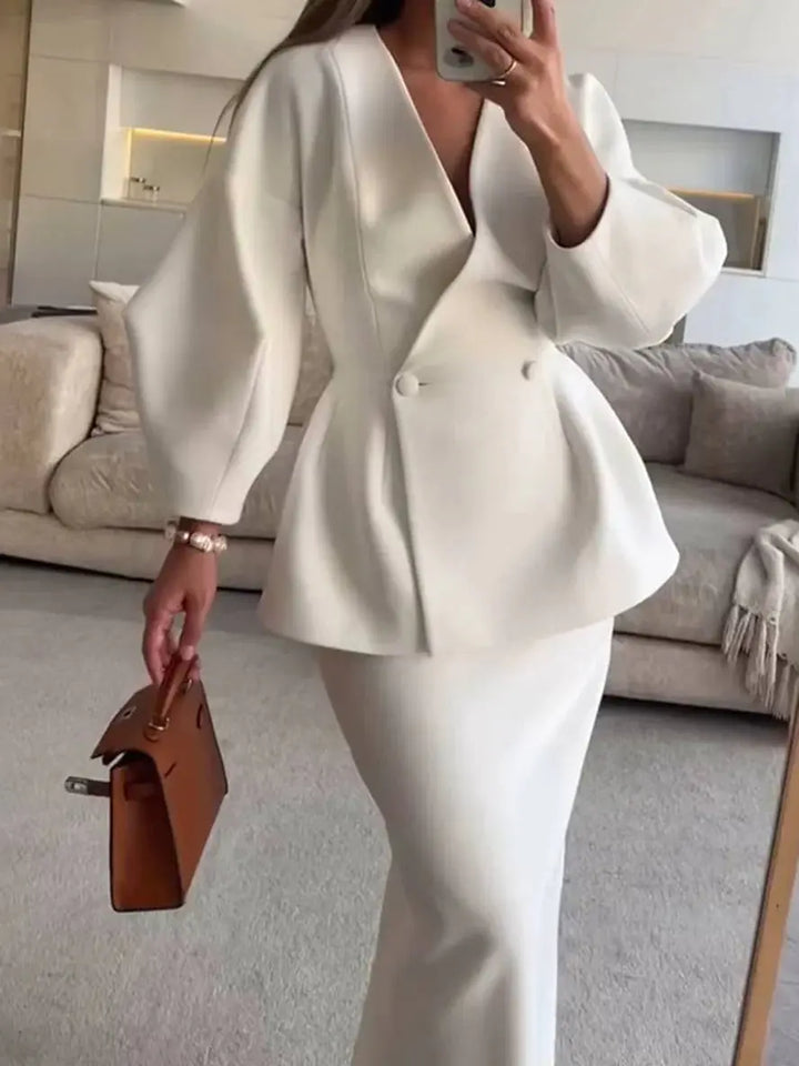 Two-Piece Skirt Suit with Puff Sleeve Blazer and V-Neck Detail