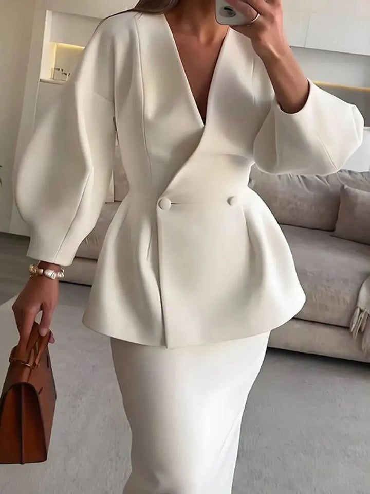 Two-Piece Skirt Suit with Puff Sleeve Blazer and V-Neck Detail