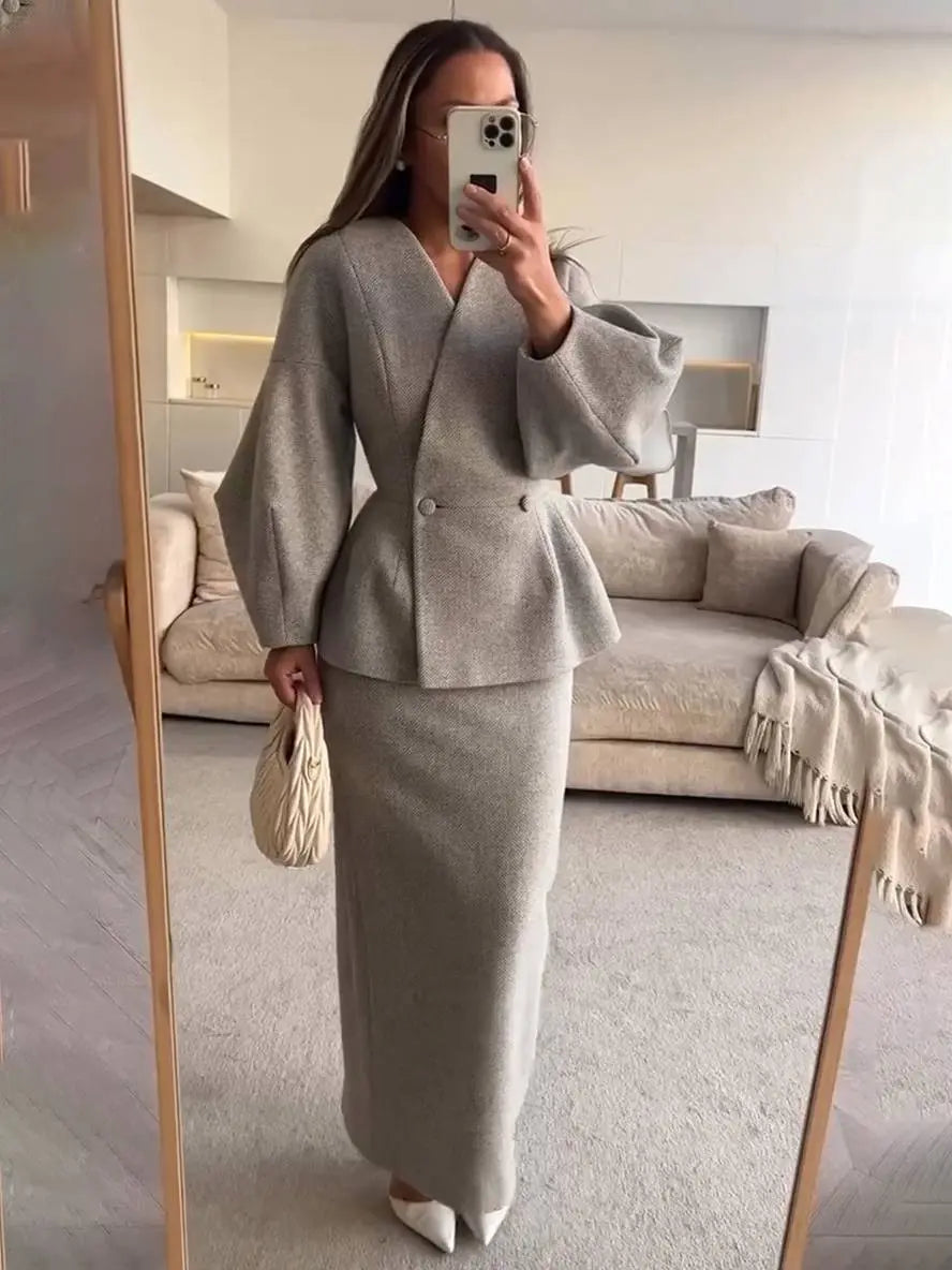 Two-Piece Skirt Suit with Puff Sleeve Blazer and V-Neck Detail