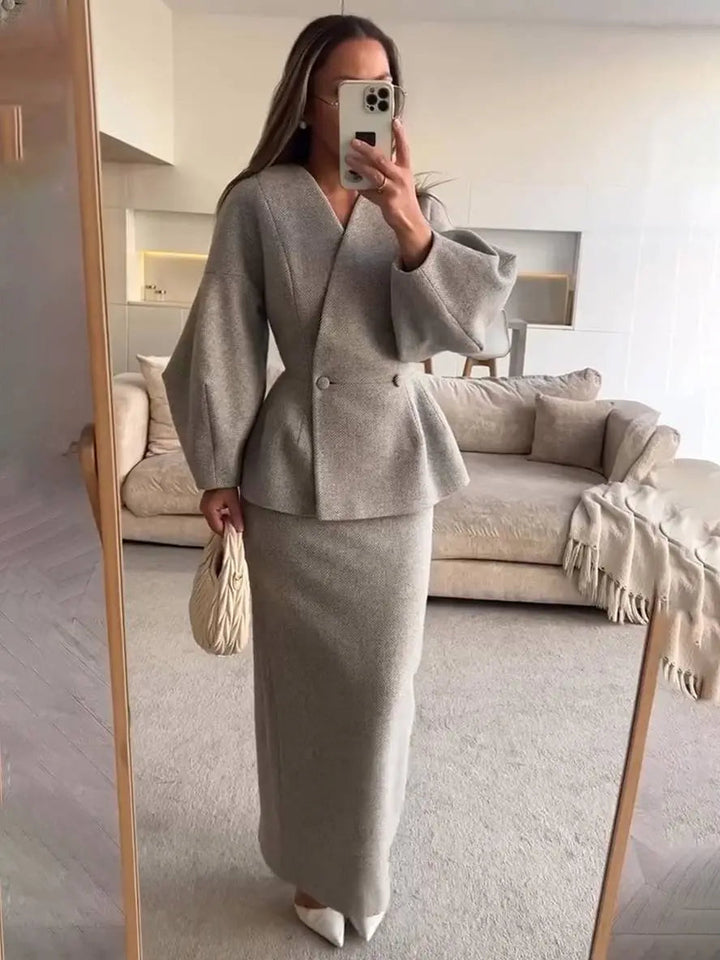 Two-Piece Skirt Suit with Puff Sleeve Blazer and V-Neck Detail