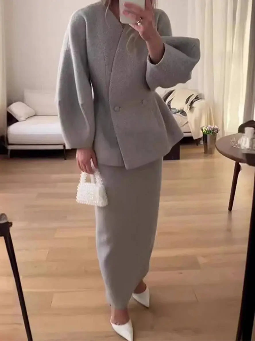 Two-Piece Skirt Suit with Puff Sleeve Blazer and V-Neck Detail
