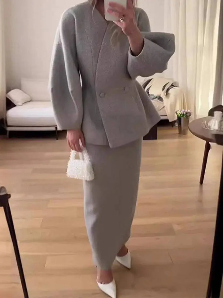 Two-Piece Skirt Suit with Puff Sleeve Blazer and V-Neck Detail