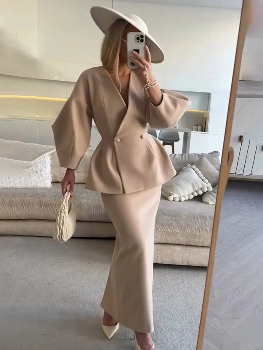 Two-Piece Skirt Suit with Puff Sleeve Blazer and V-Neck Detail