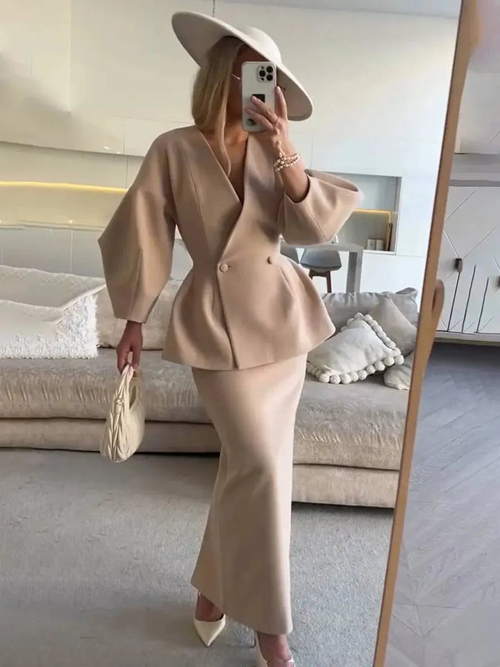 Two-Piece Skirt Suit with Puff Sleeve Blazer and V-Neck Detail