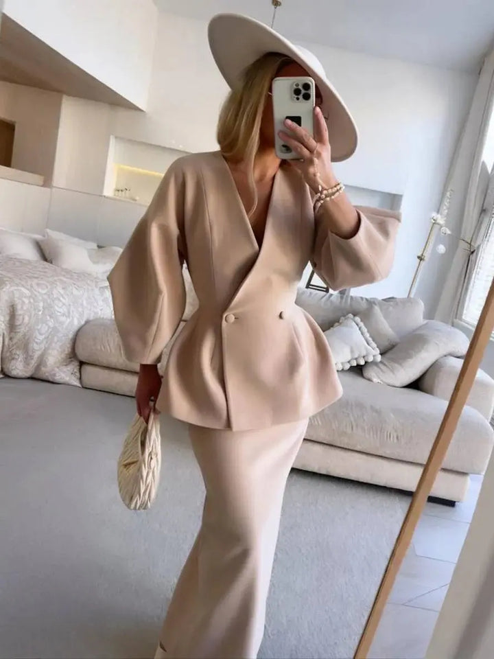Two-Piece Skirt Suit with Puff Sleeve Blazer and V-Neck Detail